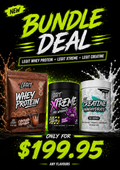  Legit Whey Protein, Legit Xtreme Pre-workout, and Legit Creatine, with a large '$199.95' price on a black background with neon green and white text.